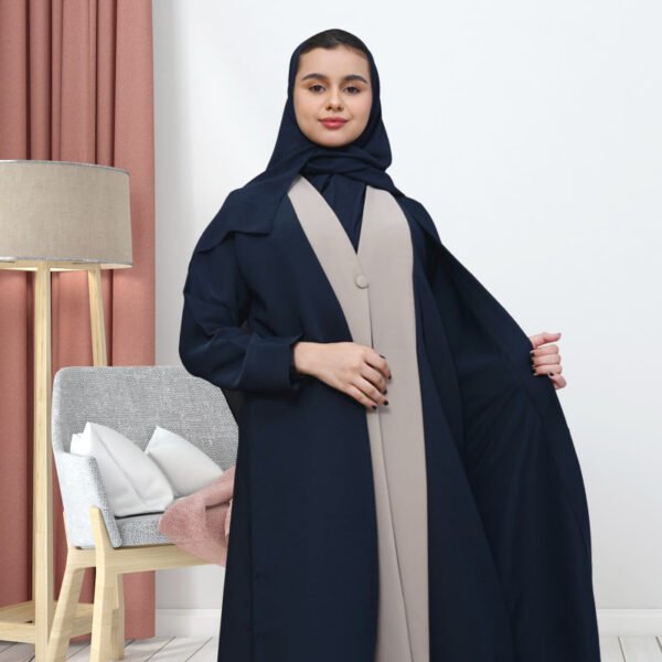 عباية بناتية عملية وأنيقة باللون الكحلي الداكن مع تفاصيل تداخل باللون البيج - Image 4